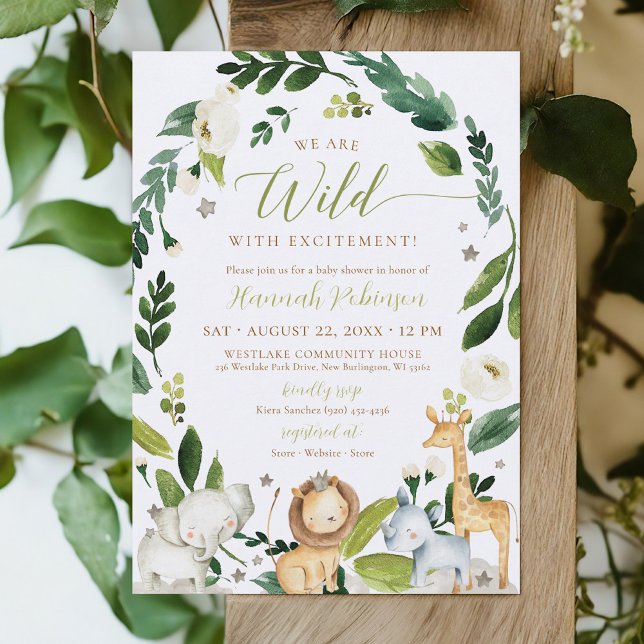 Cute Vild Jungle Safari Animals Boy Shower Inbjudningar (WILD with Excitement cute watercolor greenery wreath jungle safari animals baby boy shower invite)
