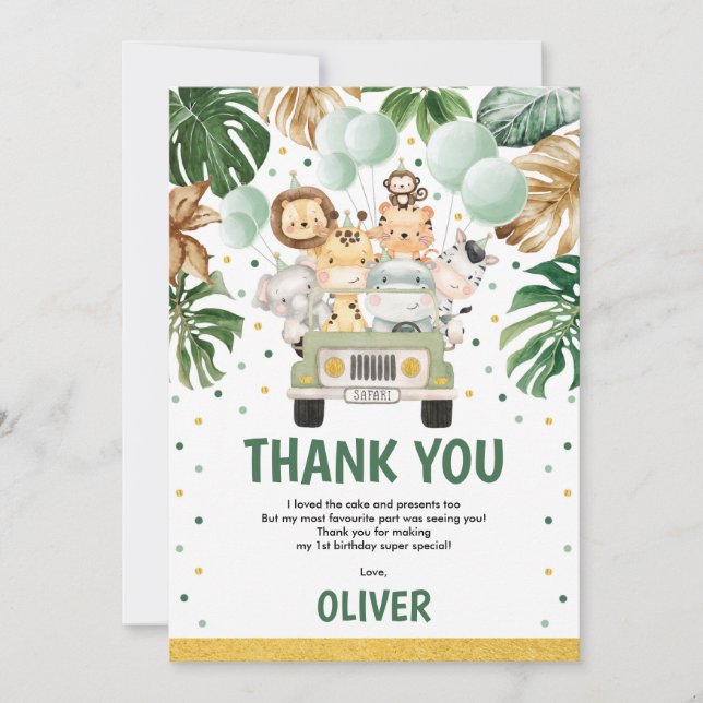 Cute Vild Jungle Safari Animals Greenery Birthday Tack Kort (Framsida)