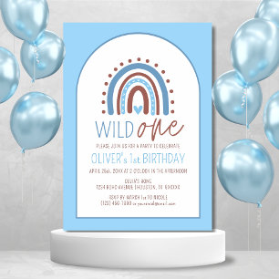 Cute Vild ONE Boho Rainbow Blue Boy Birthday 1 Inbjudningar