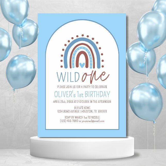 Cute Vild ONE Boho Rainbow Blue Boy Birthday 1 Inbjudningar (Skapare uppladdad)