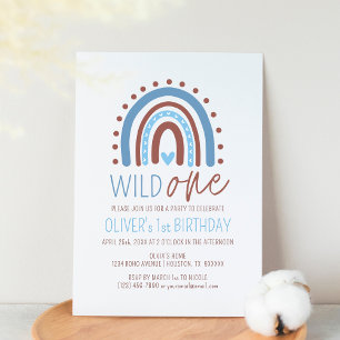 Cute Vild ONE Boho Rainbow Blue Boy Birthday 1st I Inbjudningar