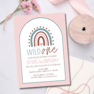 Cute Vild ONE Boho Rainbow Rosa Girl Birthday 1 Inbjudningar