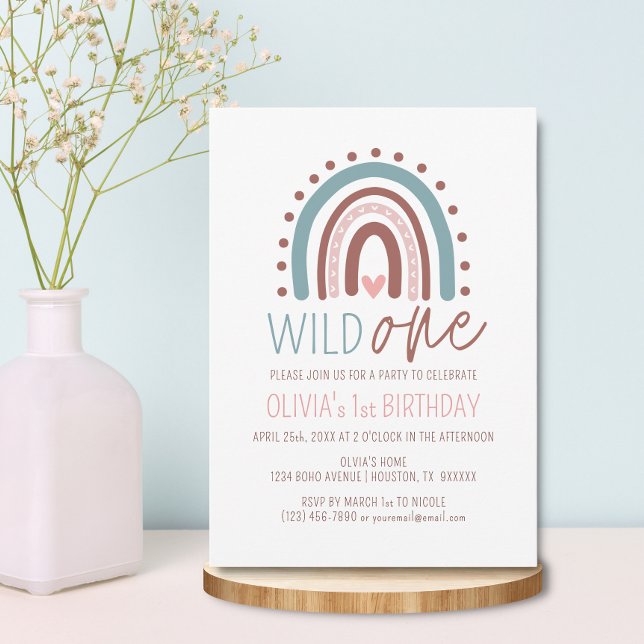 Cute Vild ONE Boho Rainbow Rosa Girl Birthday 1 Inbjudningar (Skapare uppladdad)