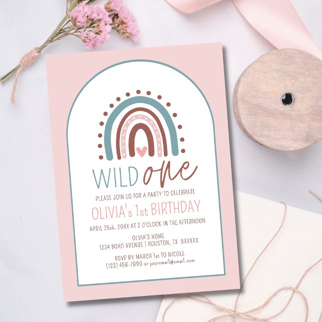 Cute Vild ONE Boho Rainbow Rosa Girl Birthday 1 Inbjudningar (Skapare uppladdad)