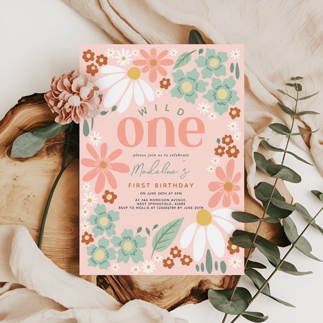 Cute Vild One Wildblomma Daisy Girls 1:a födelseda Inbjudningar (Skapare uppladdad)