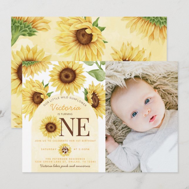 Cute Vild Solrossen blir 1:a födelsedagen Party Inbjudningar (Fram/baksida)