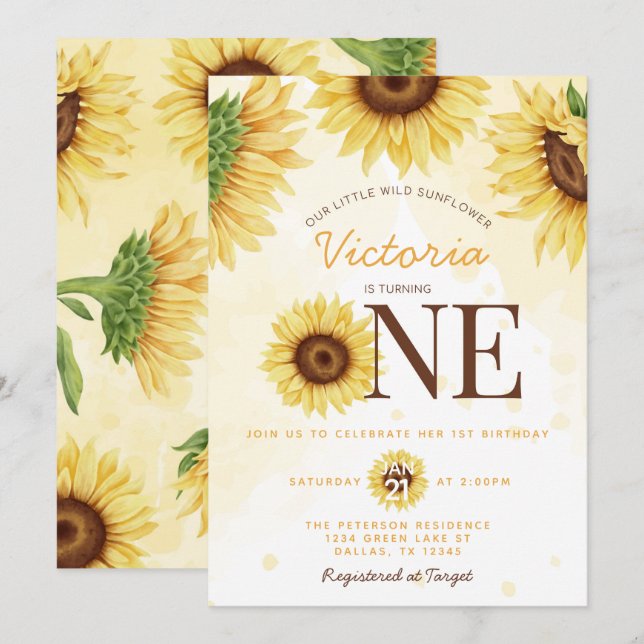 Cute Vild Solrossen blir 1:a födelsedagen Party Inbjudningar (Fram/baksida)