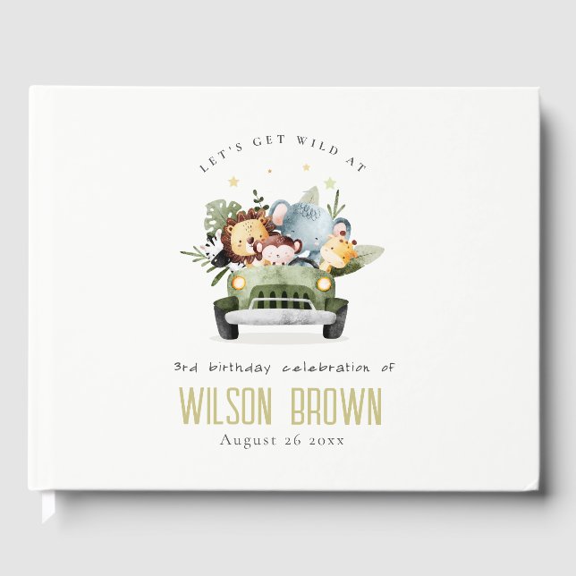 Cute Vild Tropical Jungle Animals in Car Birthday Gästböcker (Framsida)