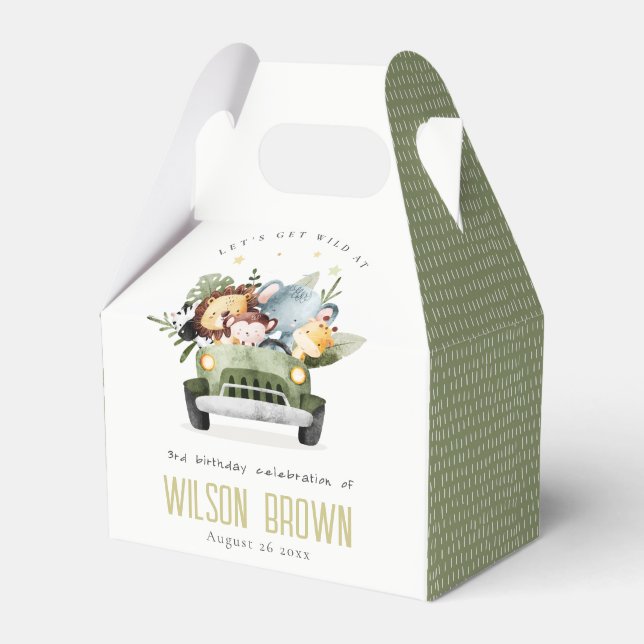 Cute Vild Tropical Jungle Animals in Car Birthday Presentaskar (Framsidan Sidan)