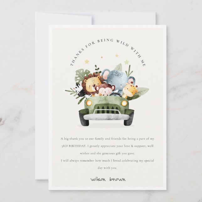 Cute Vild Tropical Jungle Animals in Car Birthday Tack Kort (Framsida)