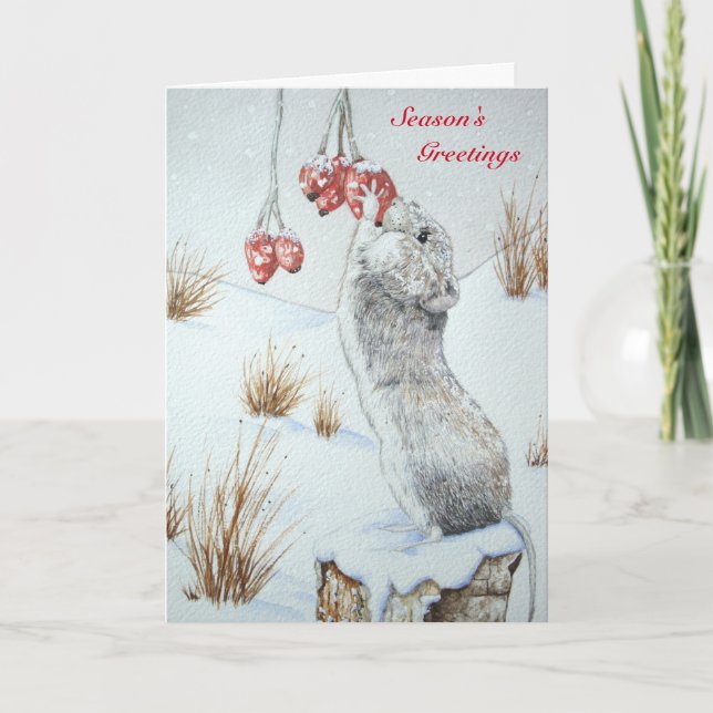 Cute vild wood Mus som äter bär snö Helgkort (Framsida)