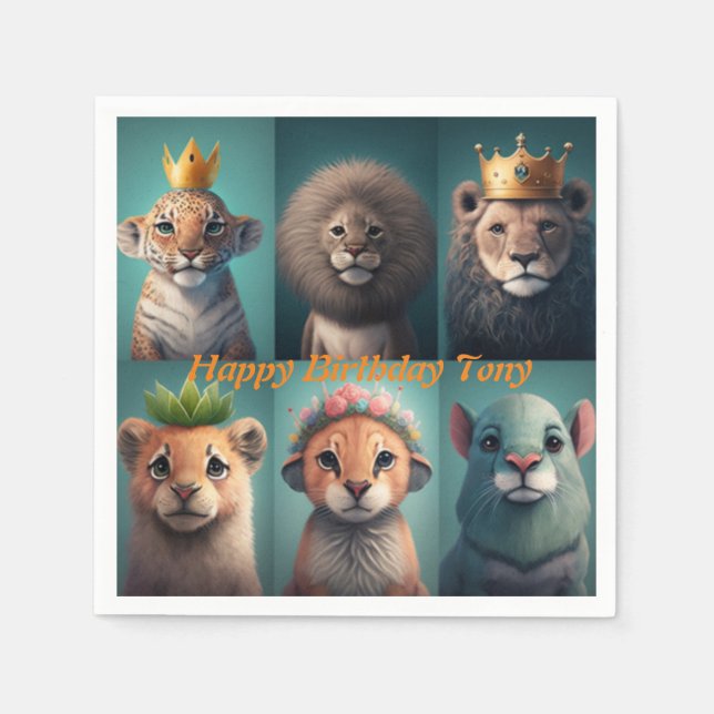 Cute vilda djur bär blått krona pappersservett (Framsidan)