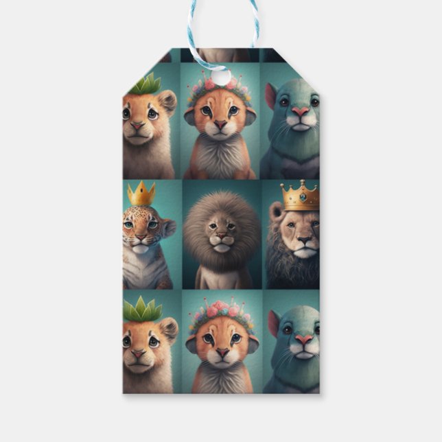 Cute vilda djur bär blått krona presentetikett (Framsidan)