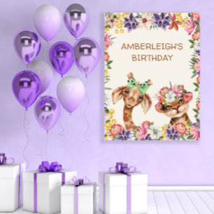 Cute Vilda djur Giraffe Tiger Girl Birthday Poster