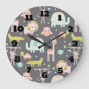 Cute Vilda djur Tecknad Illustration Nursery Stor Klocka