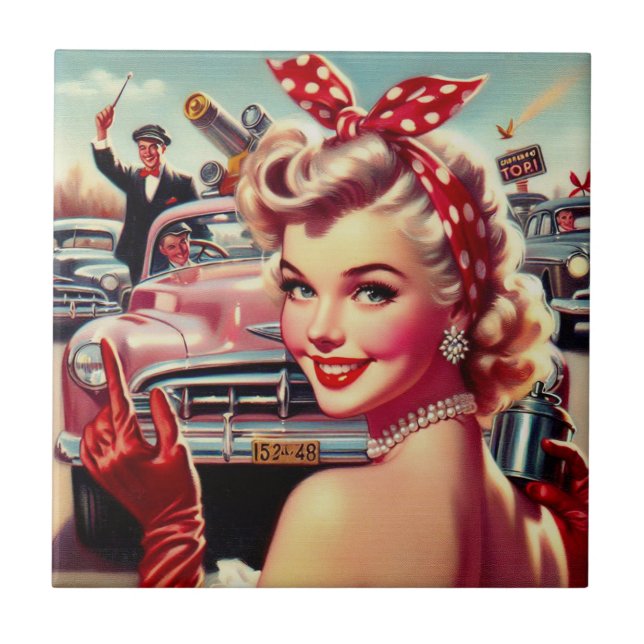 Cute Vintage 1950-talets flicka Kakelplatta (Framsidan)