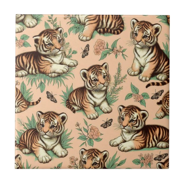 Cute Vintage Baby Tiger Mönster Kakelplatta (Framsidan)