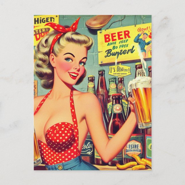 Cute Vintage Beer Pin up Vykort (Framsida)