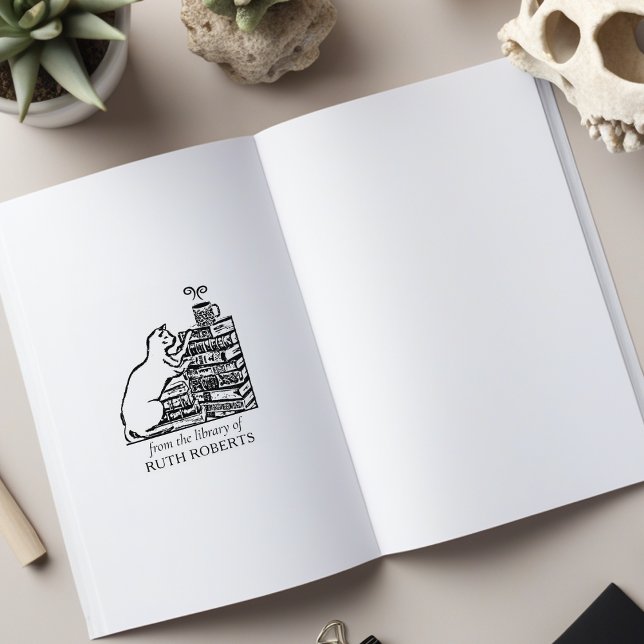 Cute Vintage Bibliotek Cat Stämpel (Skapare uppladdad)