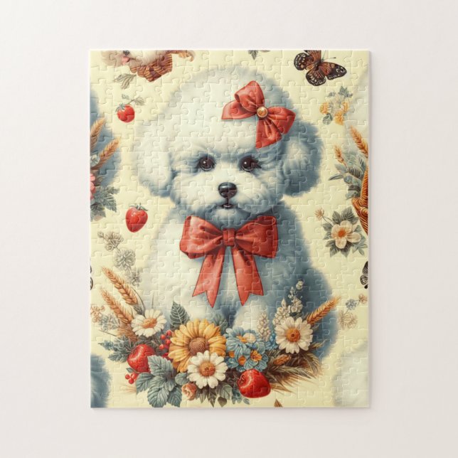 Cute Vintage Bichon Frisé Illustration Pussel (Vertikal)