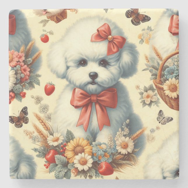 Cute Vintage Bichon Frisé Illustration Stenunderlägg (Framsidan)