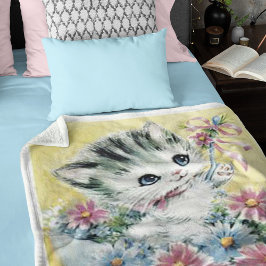 Cute Vintage bild Kitten Parbrella Vår blommor Fleecefilt