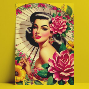 Cute Vintage Blommigt Girl Vykort