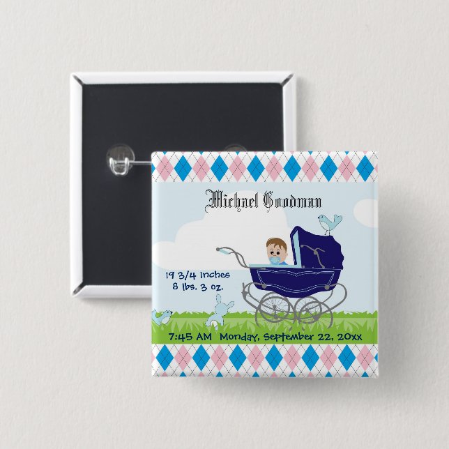 Cute Vintage Blue Pojke Carriage Knapp (Framsida & baksida)