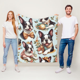Cute Vintage Boston Terrier Illustration Fleecefilt