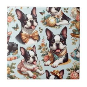 Cute Vintage Boston Terrier Illustration Kakelplatta