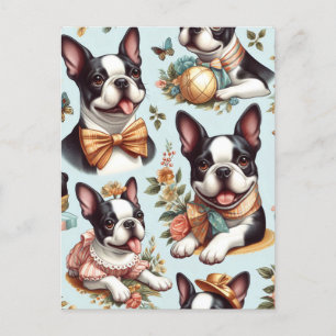 Cute Vintage Boston Terrier Illustration Vykort