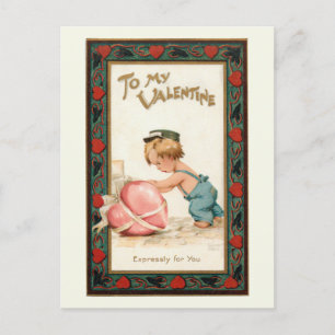 Cute Vintage Boy med Valentine Heart Vykort