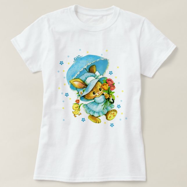 Cute Vintage Bunny och Chick Påsk Gift T-shirt (Design framsida)
