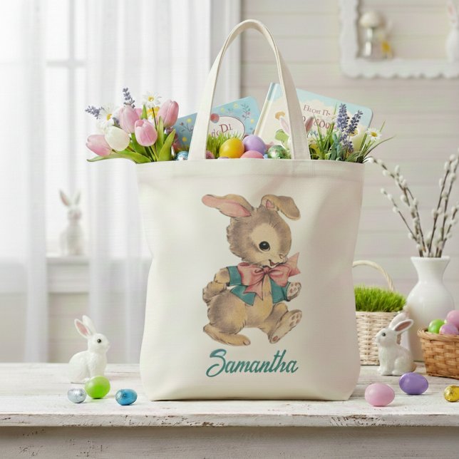 Cute Vintage Bunny Rabbit Anpassningsbar Tygkasse (Cute Vintage Bunny Rabbit Custom Tote Bag)