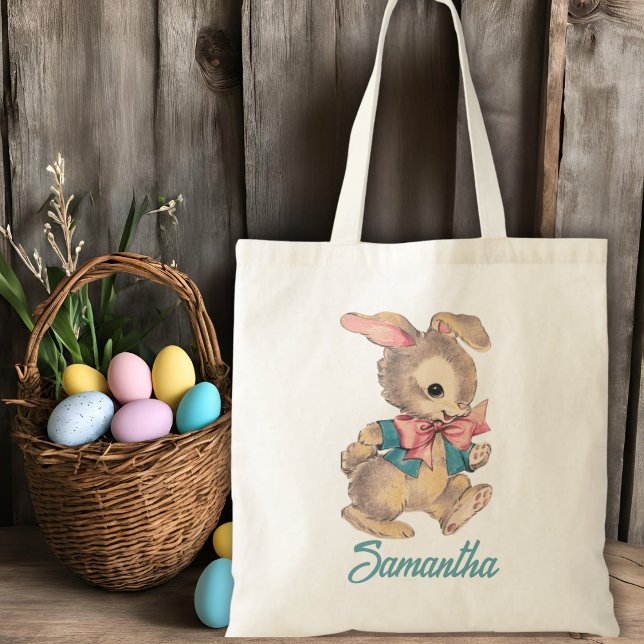 Cute Vintage Bunny Rabbit Anpassningsbar Tygkasse (Cute Vintage Bunny Rabbit Custom Tote Bag)