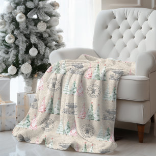 Cute Vintage Burlap Frimärke Julgran Mönster Fleecefilt
