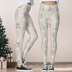 Cute Vintage Burlap Frimärke Julgran Mönster Leggings