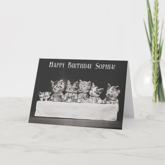 Cute Vintage Cat Birthday Tea Party Kort (Framsida)
