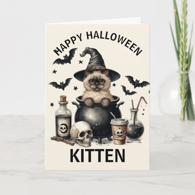 Cute Vintage Cat i Cauldron Halloween Helgkort (Framsida)
