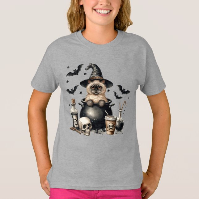 Cute Vintage Cat i Cauldron Halloween T Shirt (Framsida)