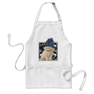 Cute Vintage Cat på Damask Blue Hat Apron Förkläde