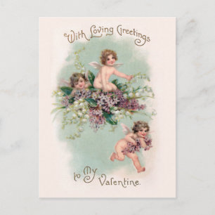 Cute Vintage Cherubs and Violets Valentine Day Vykort