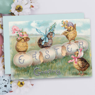 Cute Vintage-Chickar i Bonnets Påsk Julkort
