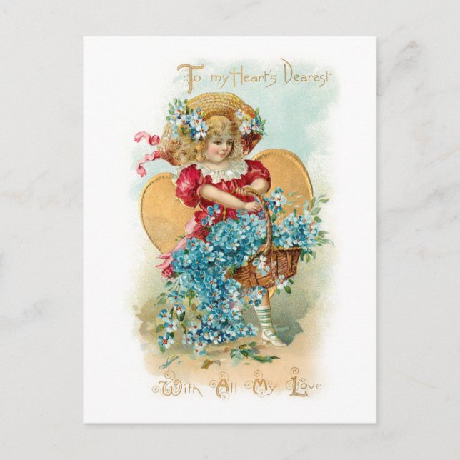 Cute Vintage Child, Heart, Flowers Valentine Vykort (Framsida)
