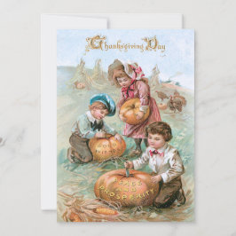 Cute Vintage Children Carving Pumpkins Julkort
