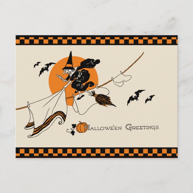 Cute Vintage Clothesline Witch Vykort (Framsida)