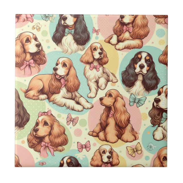 Cute Vintage Cocker Spain Seamless Mönster Kakelplatta (Framsidan)