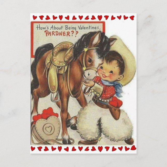 Cute Vintage Cowboy & Horse Valentine Vykort (Framsida)