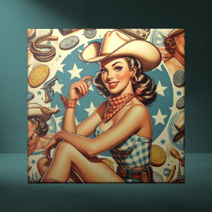 Cute Vintage Cowgirl Kakelplatta