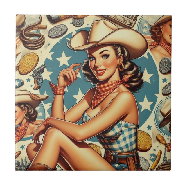 Cute Vintage Cowgirl Kakelplatta (Framsidan)